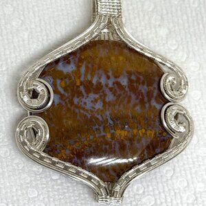 Silver tone wire wrap pendant, large Ocean Jasper cabochon, NWOT